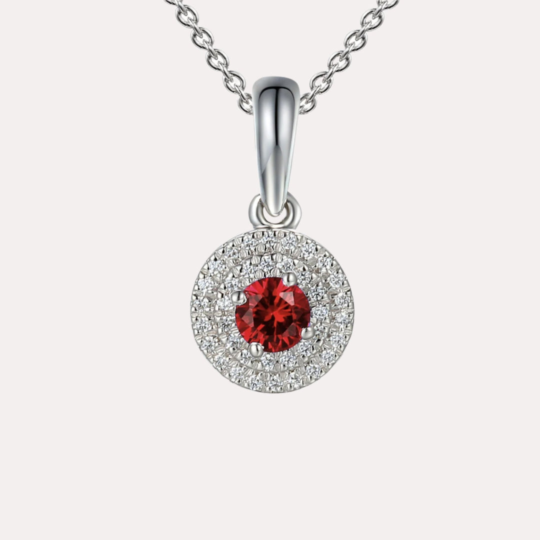Ruby & Diamond Double Halo Pendant Necklace In 18K Gold - The Jewelyst. - Ruby & Diamond Double Halo Pendant Necklace In 18K Gold