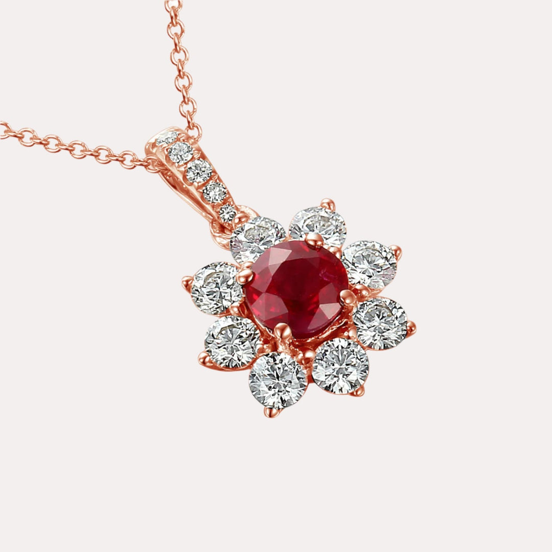 Ruby & Diamond Halo Flower Pendant Necklace In 18K Gold - The Jewelyst. - Ruby & Diamond Halo Flower Pendant Necklace In 18K Gold