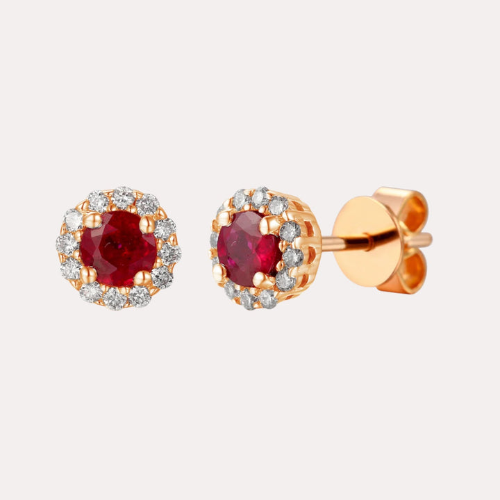 Ruby & Diamond Halo Stud Earrings In 18K Gold - The Jewelyst. - Ruby & Diamond Halo Stud Earrings In 18K Gold