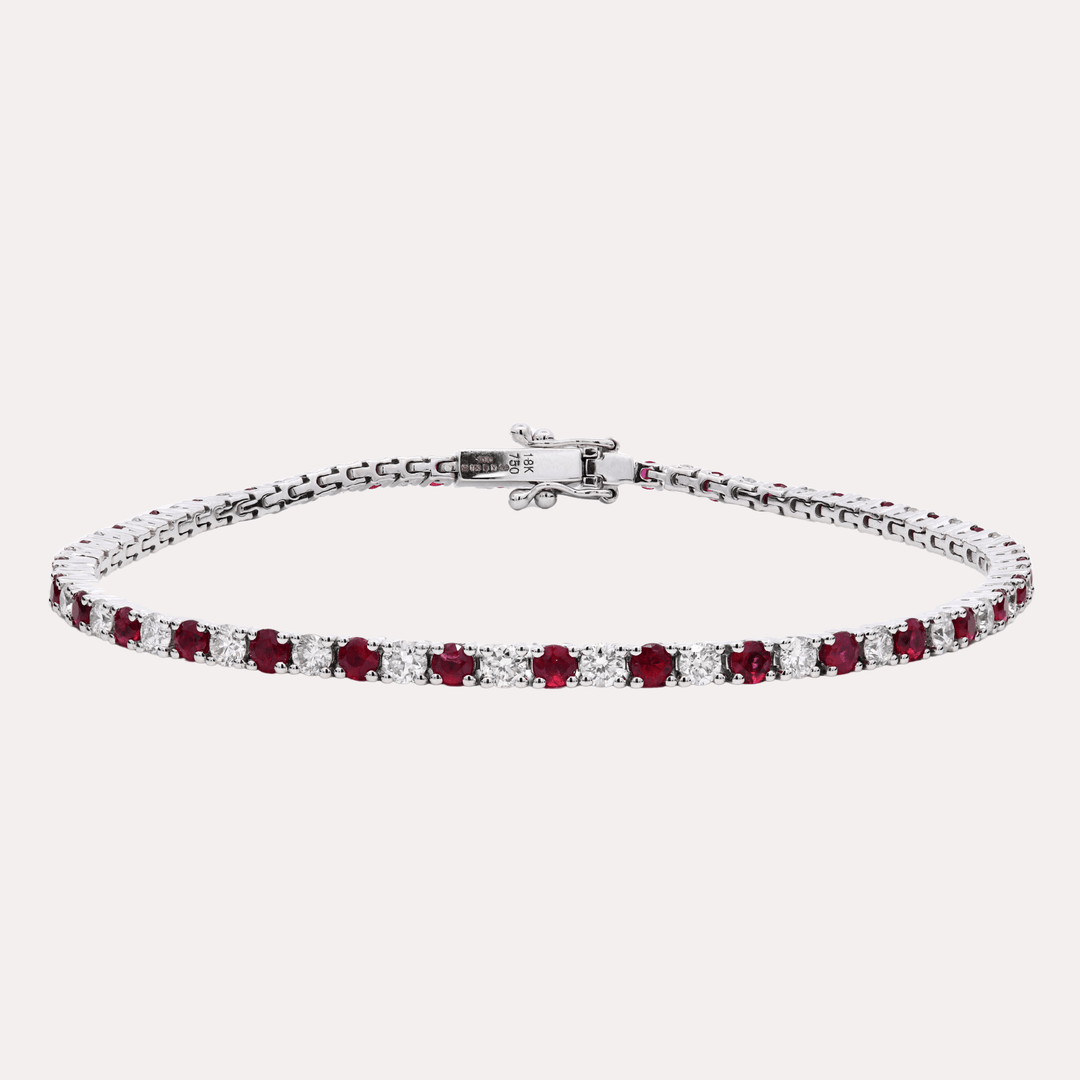 Ruby & Diamond Tennis Bracelet In 18K Gold - The Jewelyst. - Ruby & Diamond Tennis Bracelet In 18K Gold