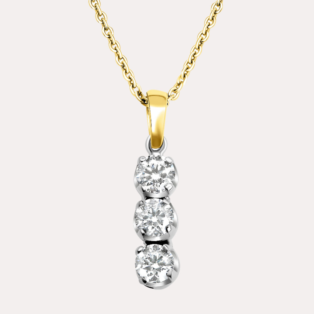 3 Stone Diamond Drop Pendant Necklace In 18K Yellow & White Gold