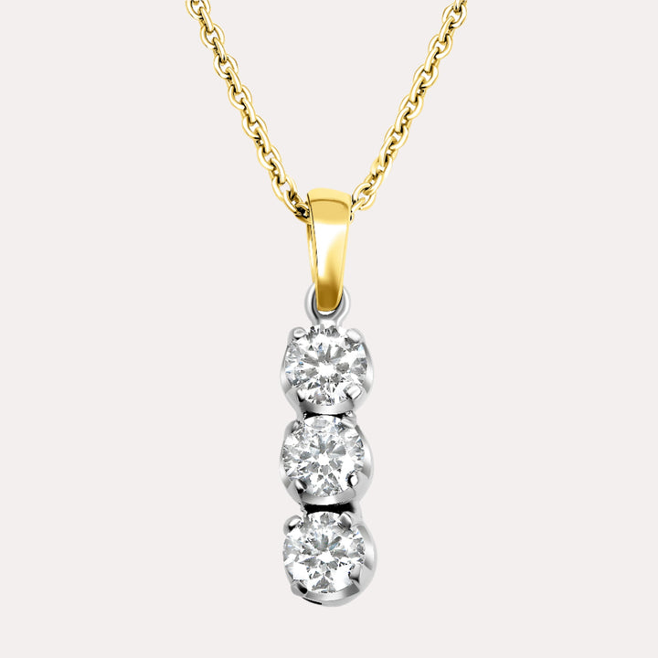3 Stone Diamond Drop Pendant Necklace In 18K Yellow & White Gold