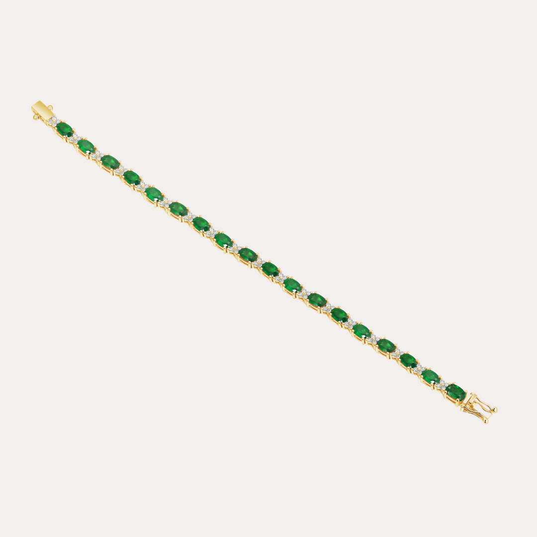 Oval Emerald & Round Brilliant Cut Tennis Bracelet In 18K Gold