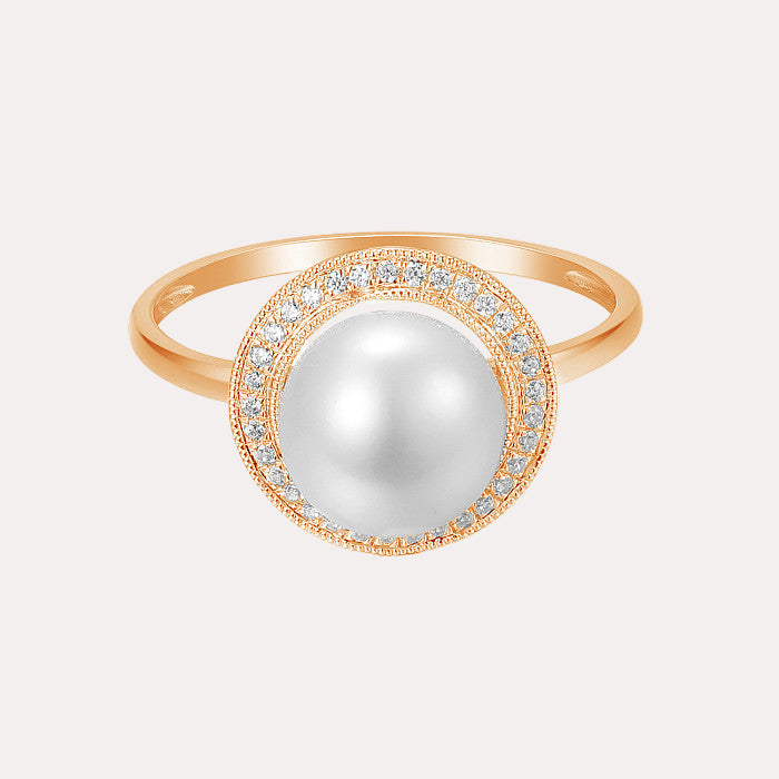 Round Pearl & Round Brilliant Cut Diamond Millgrain Set Halo Ring
