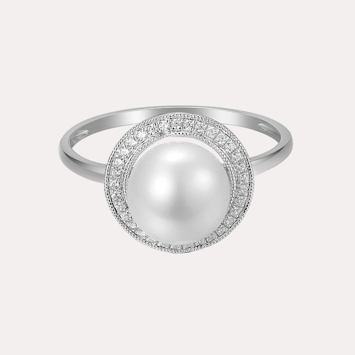Round Pearl & Round Brilliant Cut Diamond Millgrain Set Halo Ring