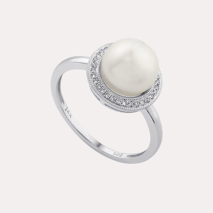 Round Pearl & Round Brilliant Cut Diamond Millgrain Set Halo Ring
