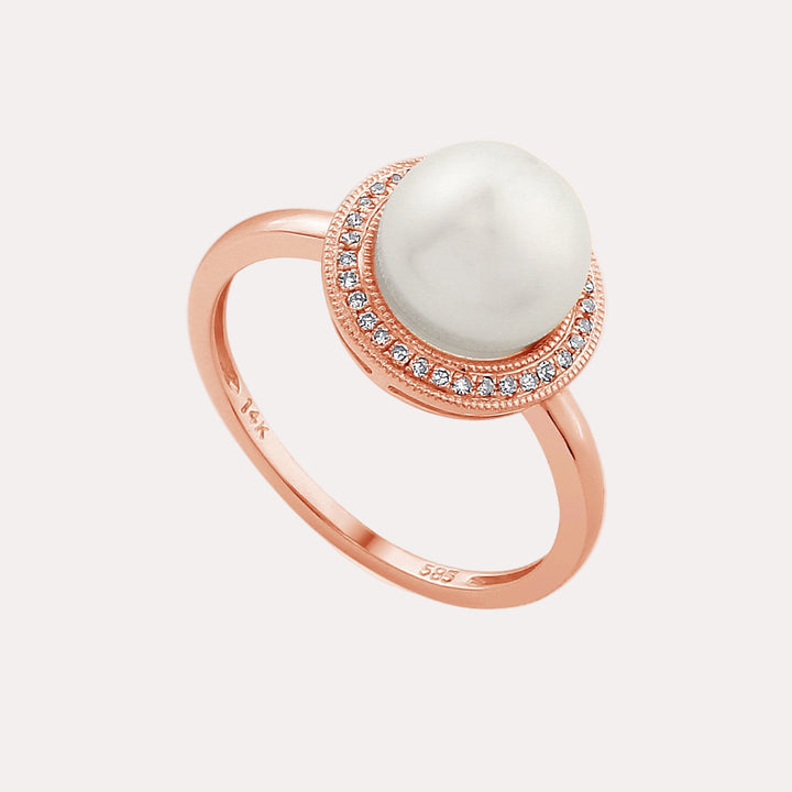 Round Pearl & Round Brilliant Cut Diamond Millgrain Set Halo Ring