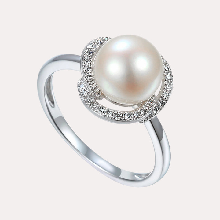 Round Pearl & Round Brilliant Cut Diamond Petal Halo Ring