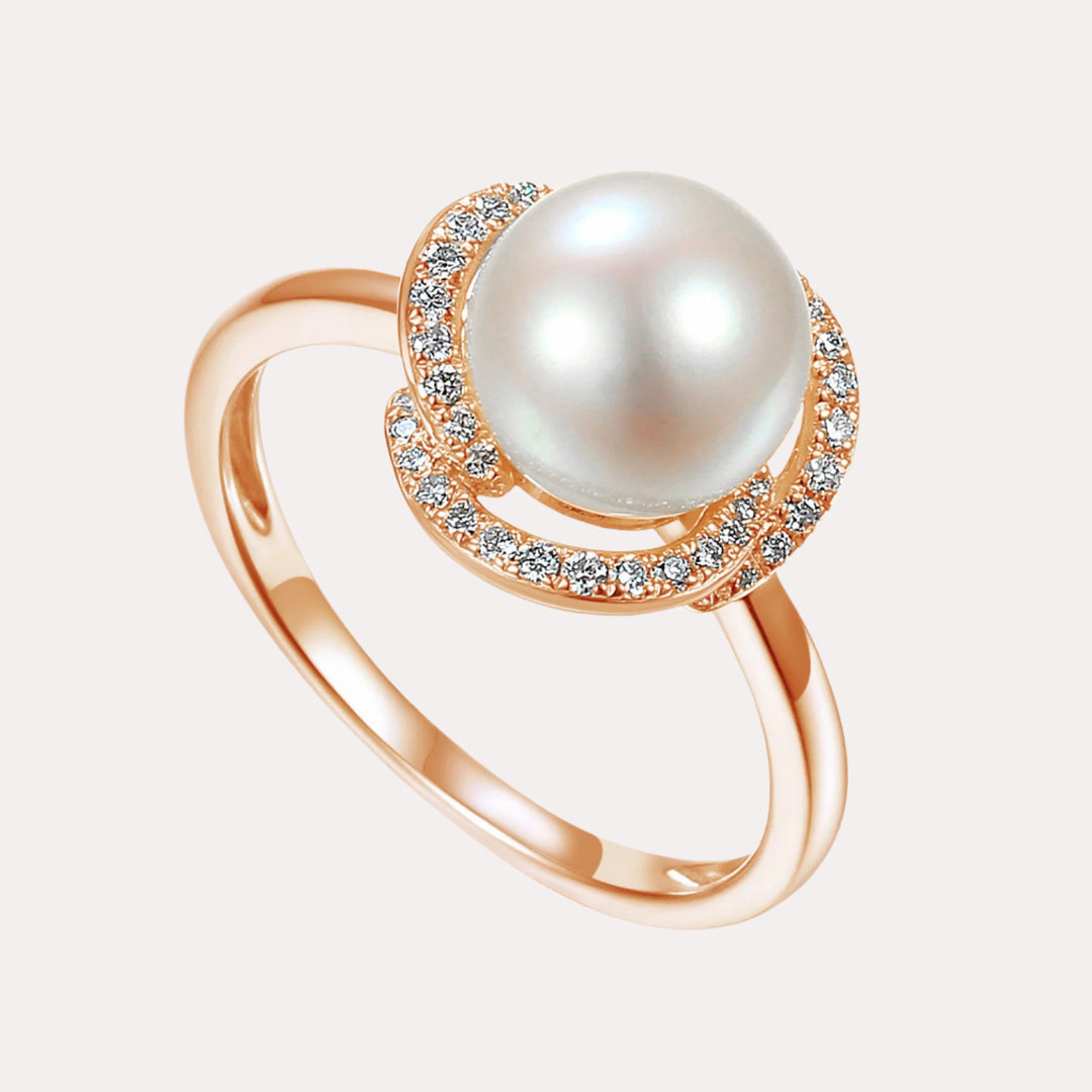 Round Pearl & Round Brilliant Cut Diamond Petal Halo Ring