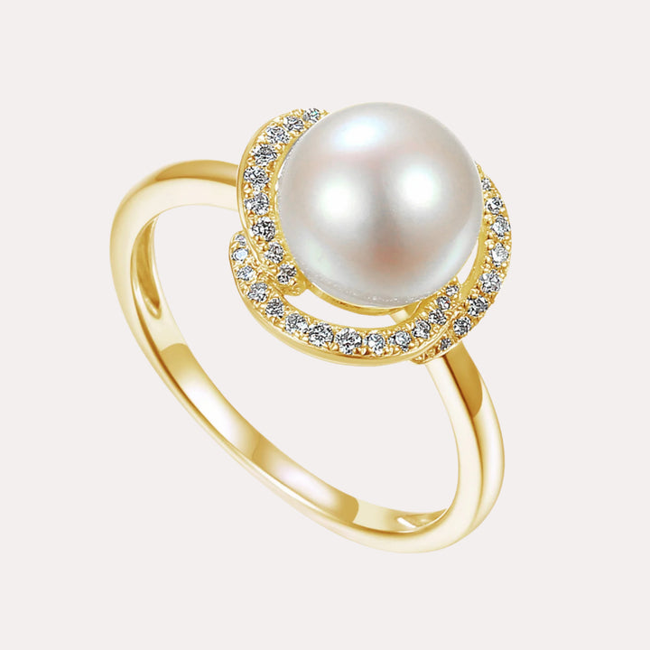 Round Pearl & Round Brilliant Cut Diamond Petal Halo Ring