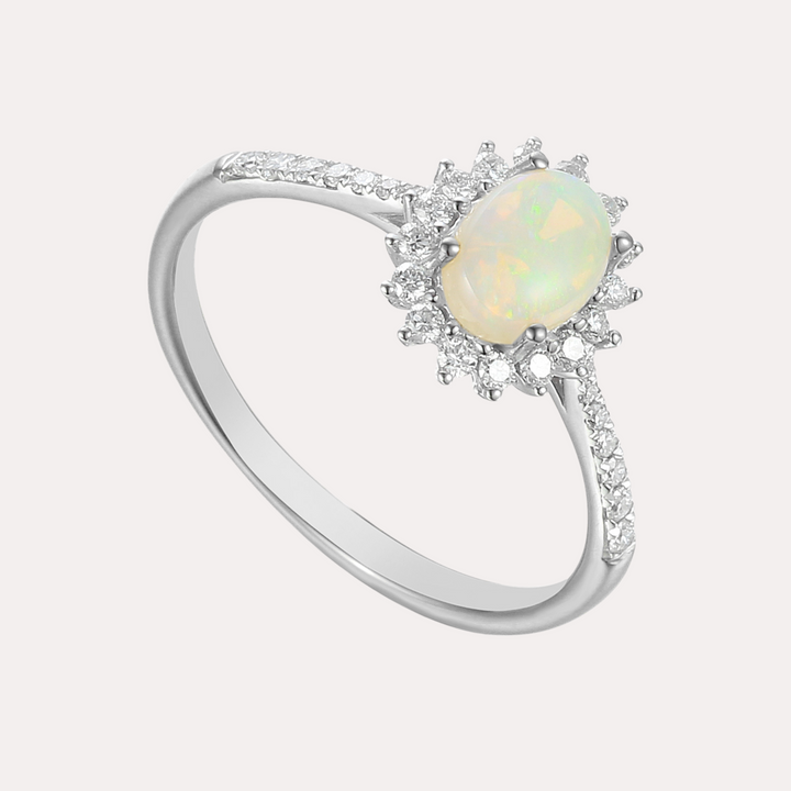 Oval Opal & Round Brilliant Cut Diamond Cluster Halo Ring