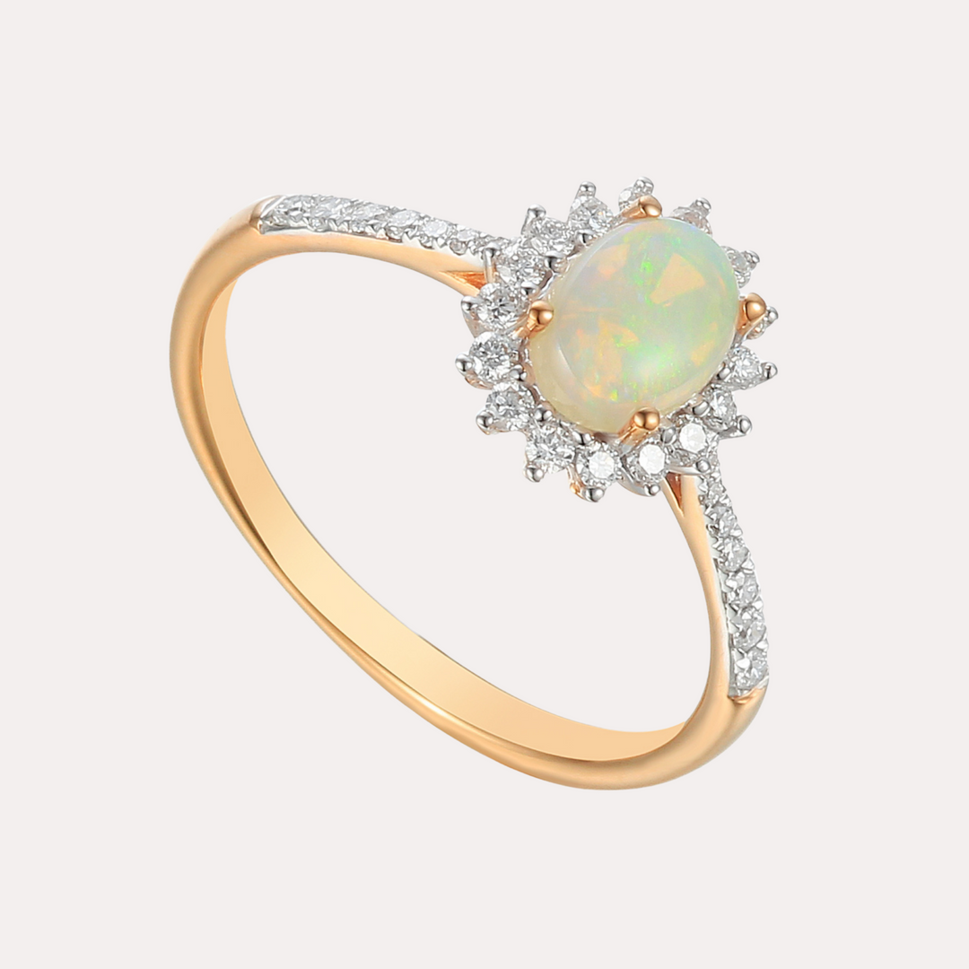 Oval Opal & Round Brilliant Cut Diamond Cluster Halo Ring