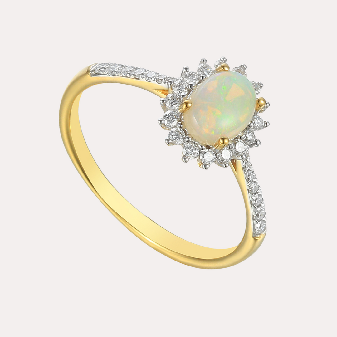 Oval Opal & Round Brilliant Cut Diamond Cluster Halo Ring