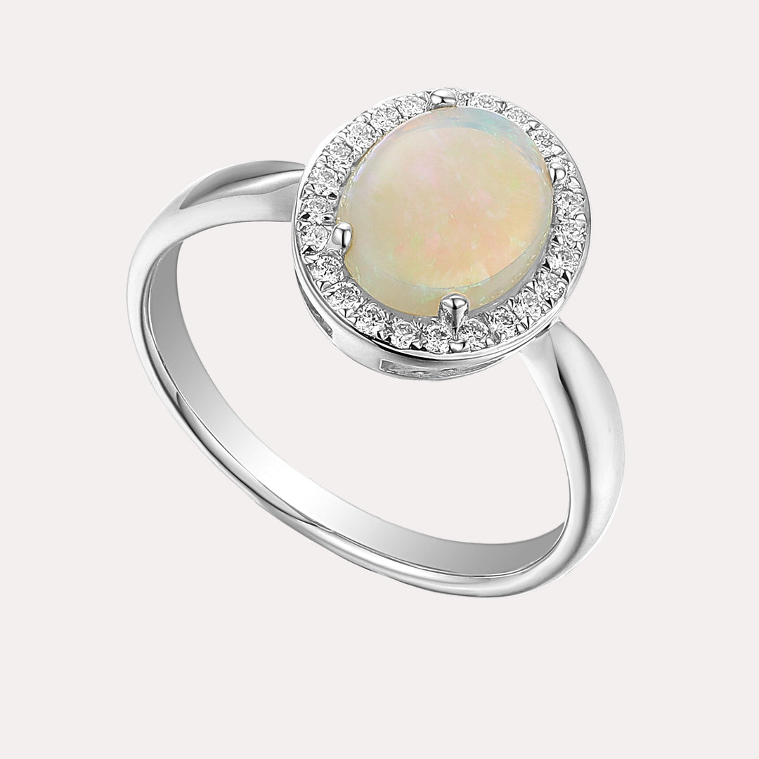 Oval Opal & Diamond Grain Set Halo Ring