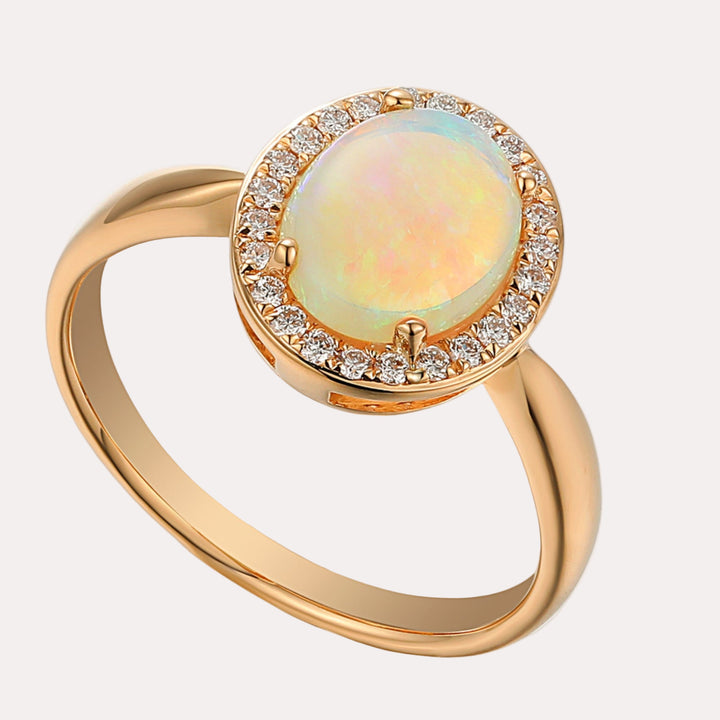 Oval Opal & Diamond Grain Set Halo Ring