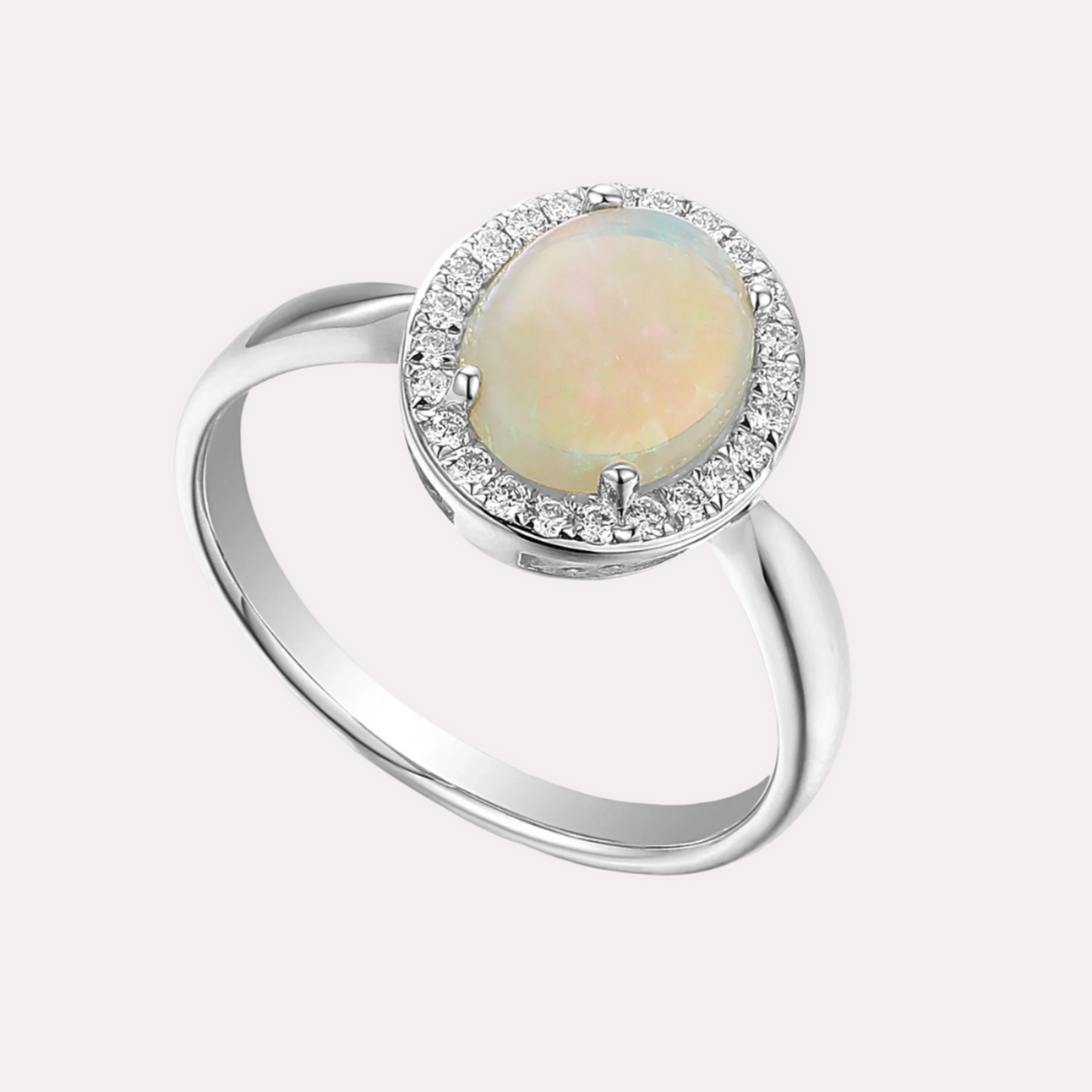 Oval Opal & Diamond Grain Set Halo Ring