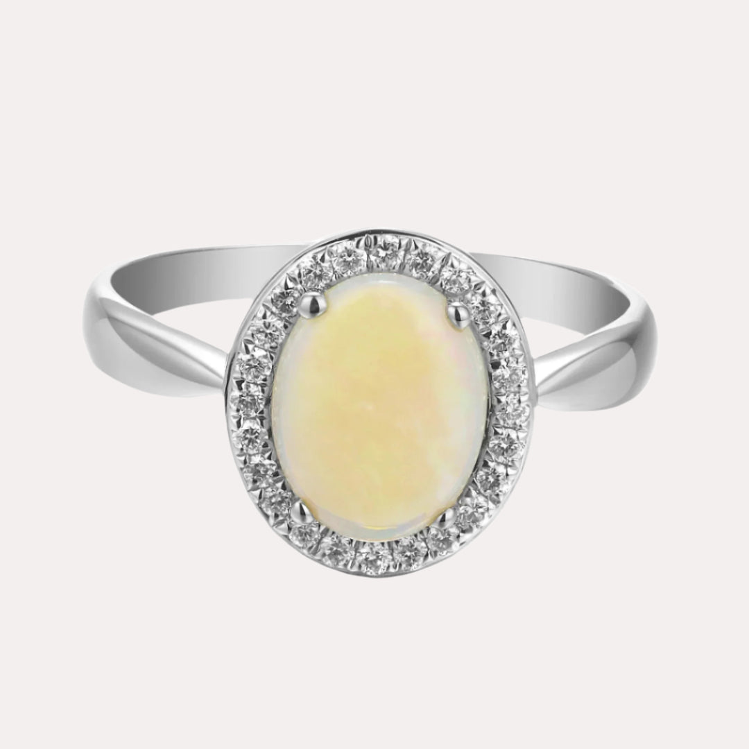 Oval Opal & Diamond Grain Set Halo Ring