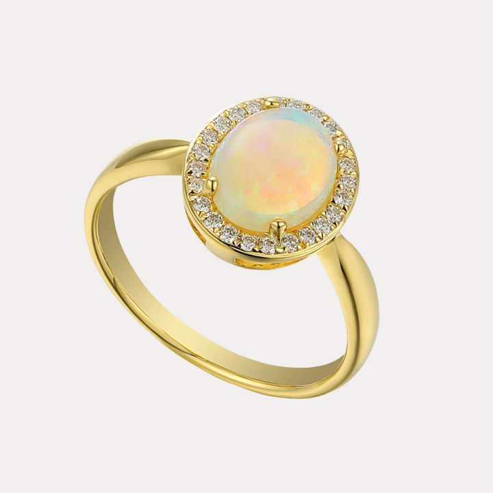 Oval Opal & Diamond Grain Set Halo Ring