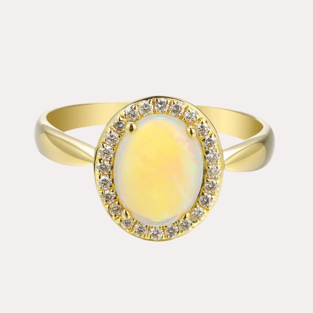 Oval Opal & Diamond Grain Set Halo Ring
