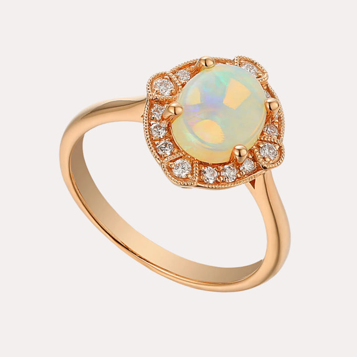 Oval Opal & Deco Diamond Halo Ring