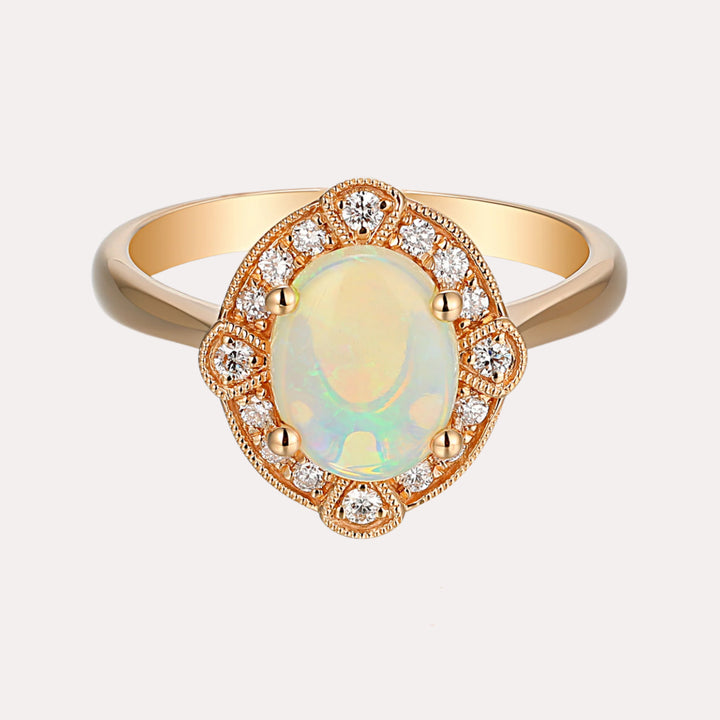 Oval Opal & Deco Diamond Halo Ring