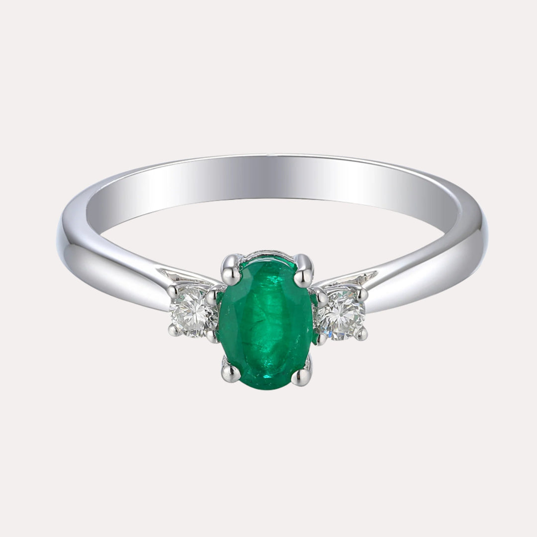 Oval Emerald & Round Diamond 3 Stone Ring