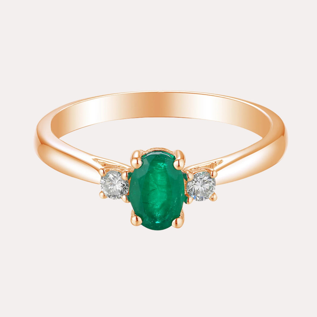 Oval Emerald & Round Diamond 3 Stone Ring
