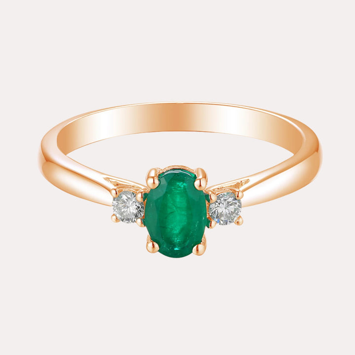 Oval Emerald & Round Diamond 3 Stone Ring