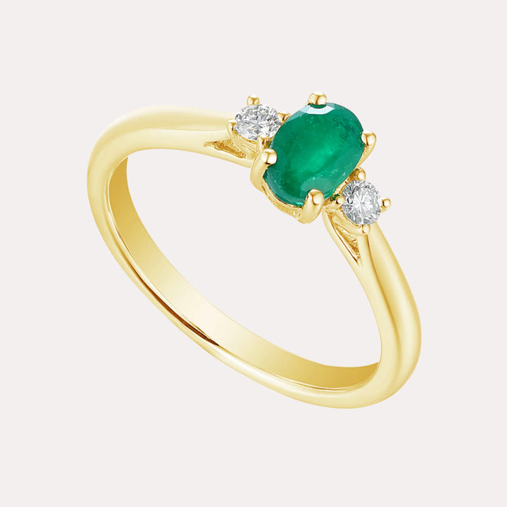 Oval Emerald & Round Diamond 3 Stone Ring