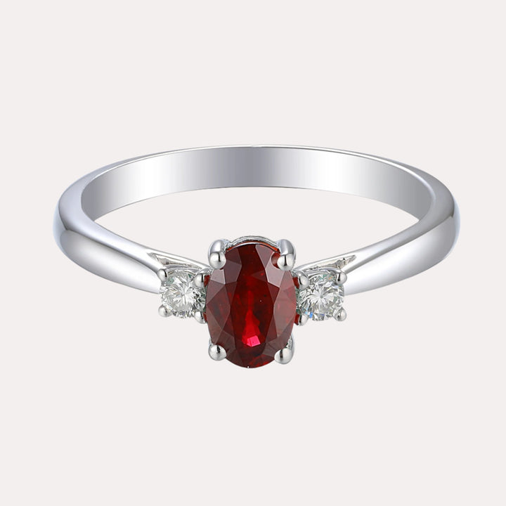 Oval Ruby & Round Brilliant Cut Diamond 3 Stone Ring