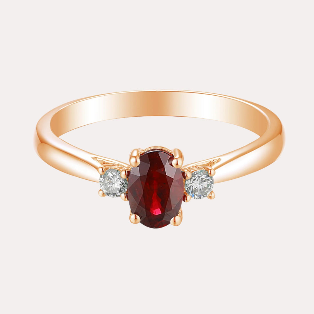 Oval Ruby & Round Brilliant Cut Diamond 3 Stone Ring