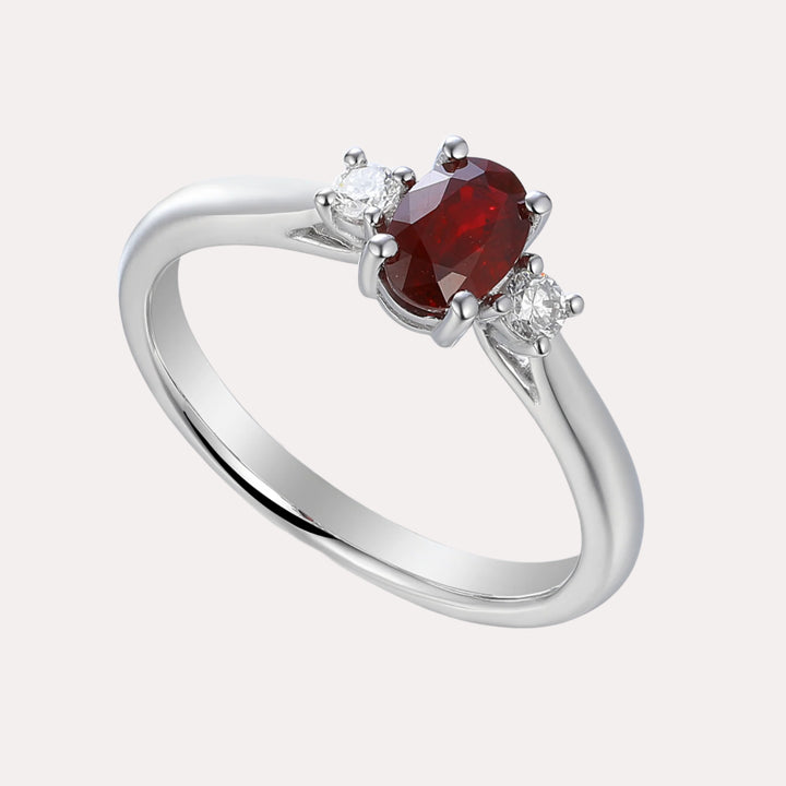 Oval Ruby & Round Brilliant Cut Diamond 3 Stone Ring