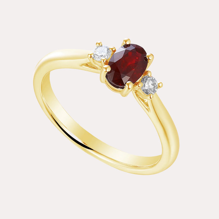Oval Ruby & Round Brilliant Cut Diamond 3 Stone Ring