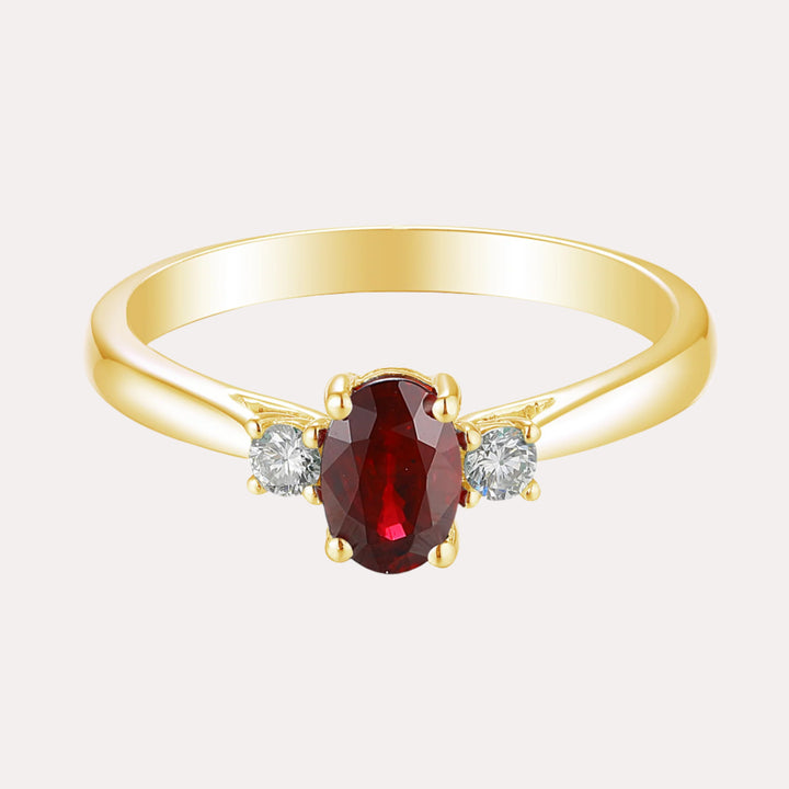 Oval Ruby & Round Brilliant Cut Diamond 3 Stone Ring