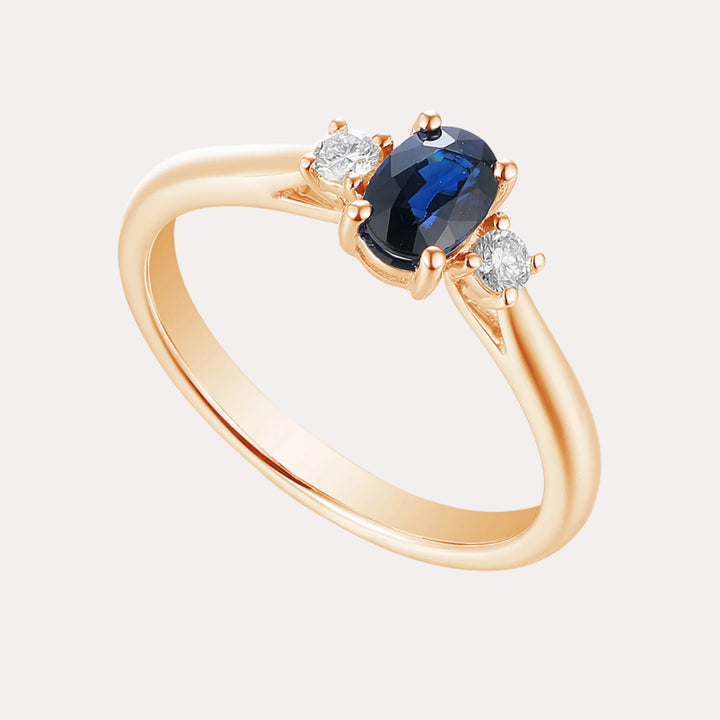 Oval Blue Sapphire & Round Diamond 3 Stone Ring