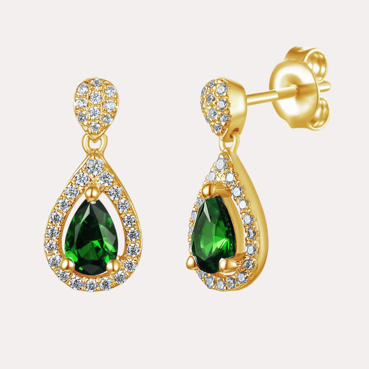 Pear Shape Emerald Halo Drop Earrings In 18K Gold