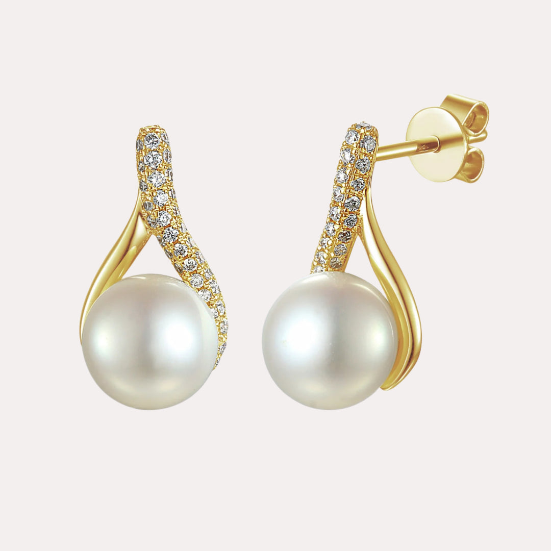 Round Pearl Pavé Tulip Drop Studs In 18K Gold