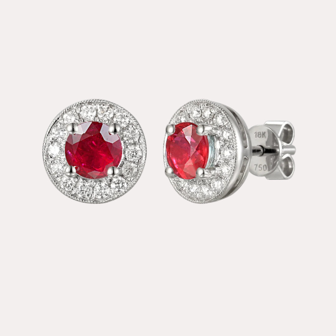 Cirelle Ruby Set Halo Earrings In 18ct Gold