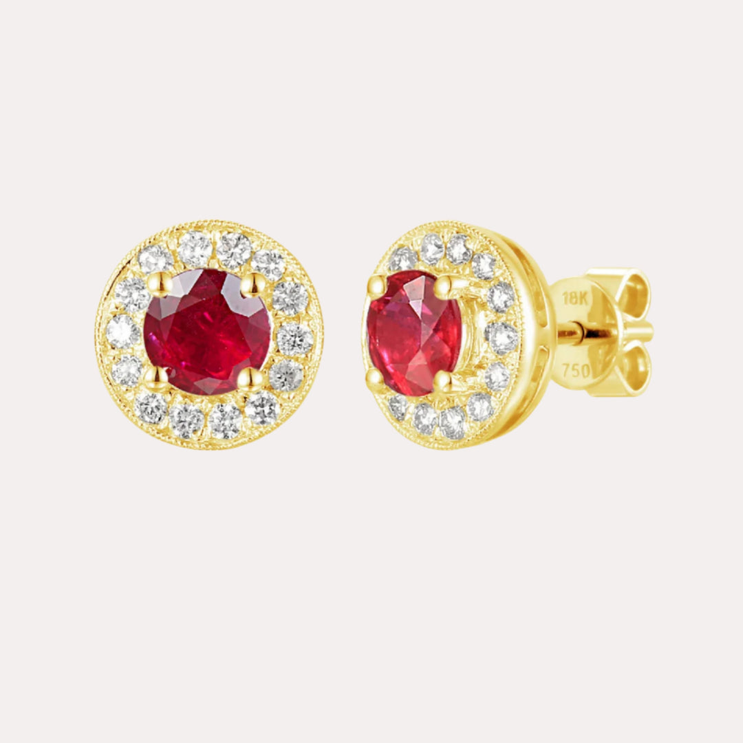 Cirelle Ruby Set Halo Earrings In 18ct Gold