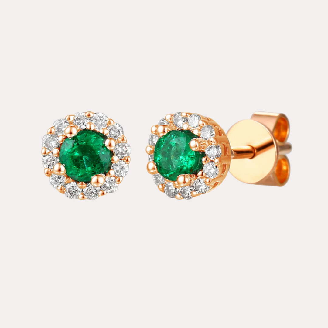 Emerald & Diamond Halo Stud Earrings In 18K Gold