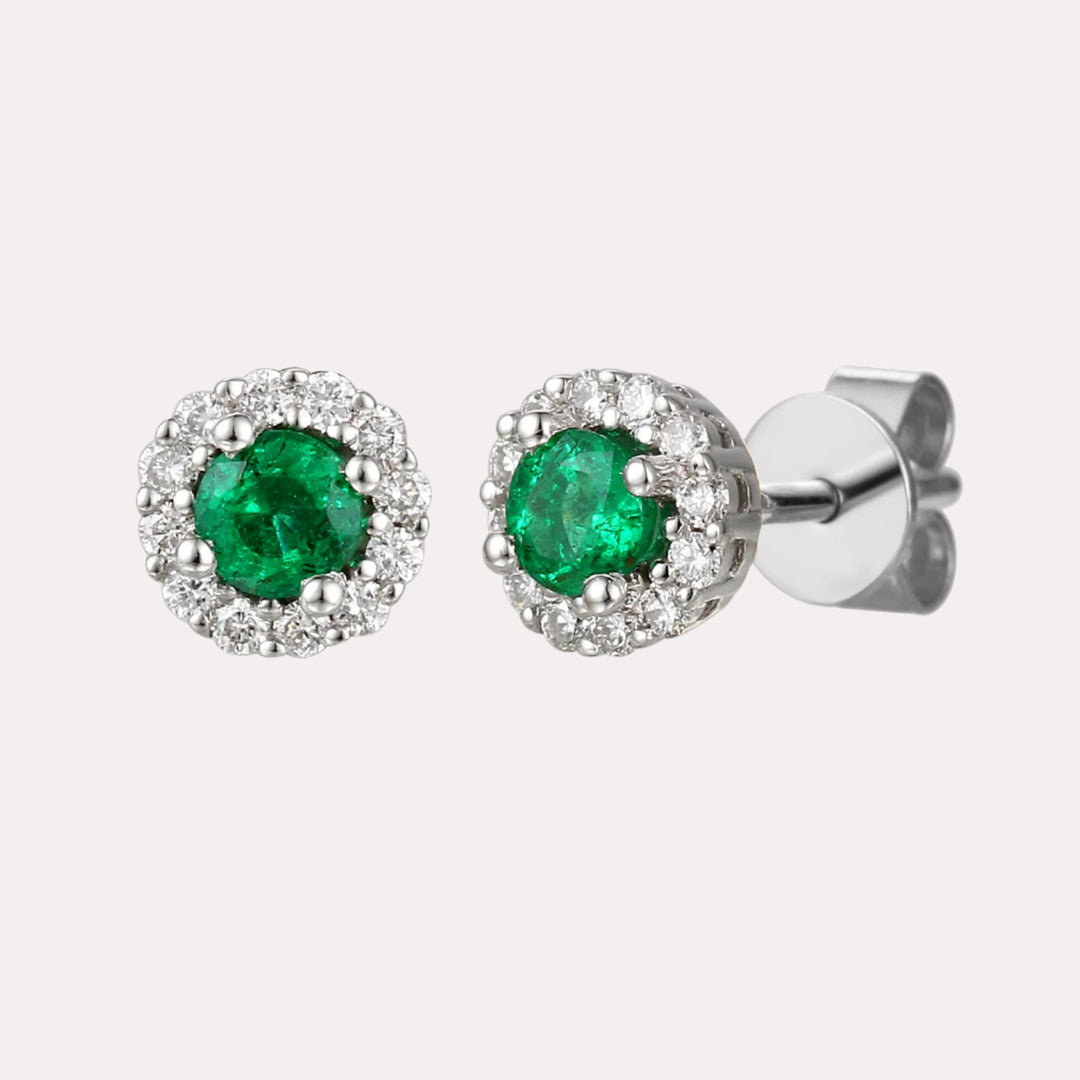 Emerald & Diamond Halo Stud Earrings In 18K Gold