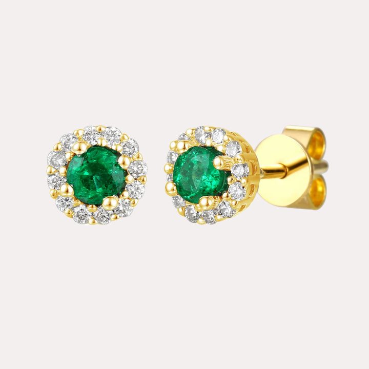 Emerald & Diamond Halo Stud Earrings In 18K Gold