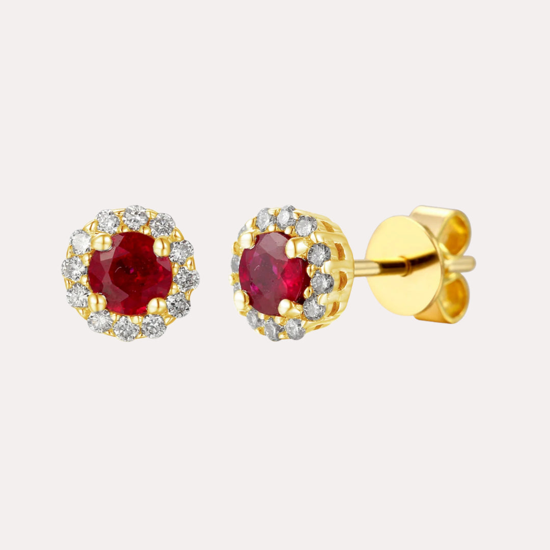 Ruby & Diamond Halo Stud Earrings In 18K Gold