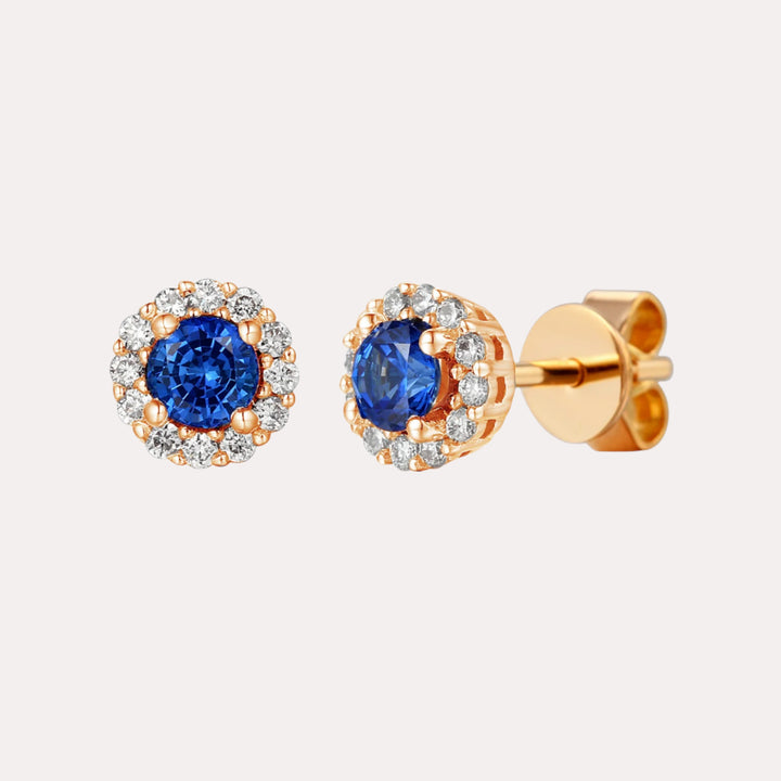 Blue Sapphire & Diamond Halo Stud Earrings In 18K Gold