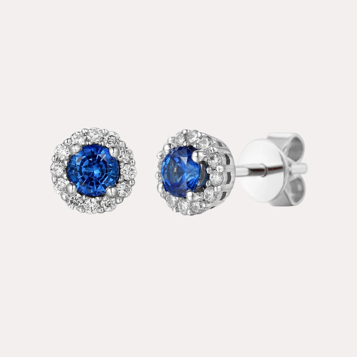 Blue Sapphire & Diamond Halo Stud Earrings In 18K Gold