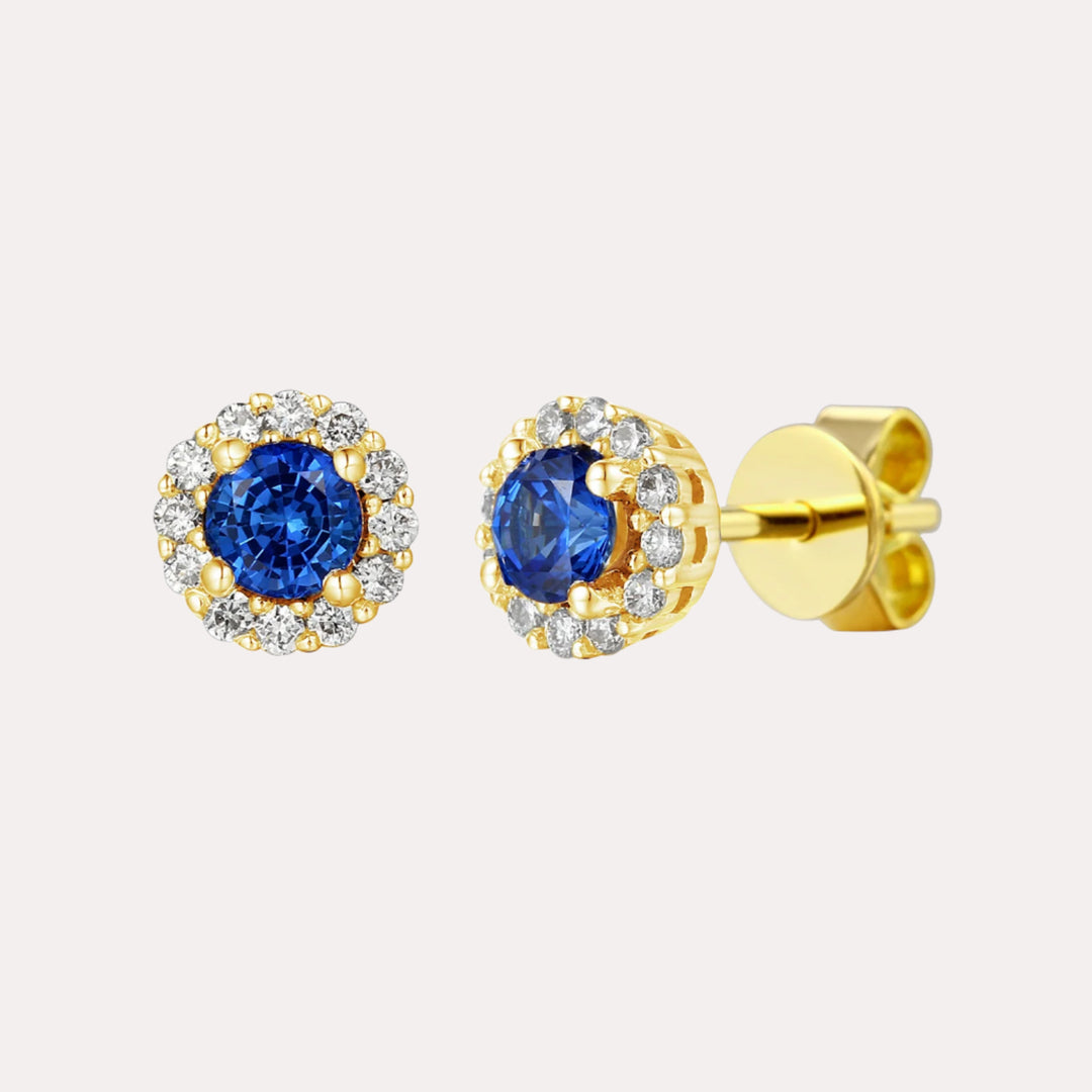 Blue Sapphire & Diamond Halo Stud Earrings In 18K Gold