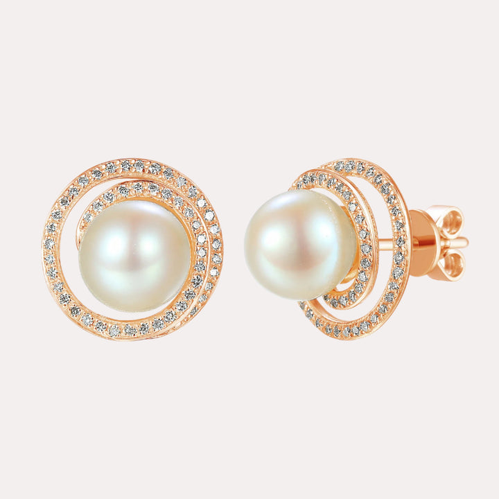 Round Pearl Pavé Swirl Halo Earrings In 18K Gold
