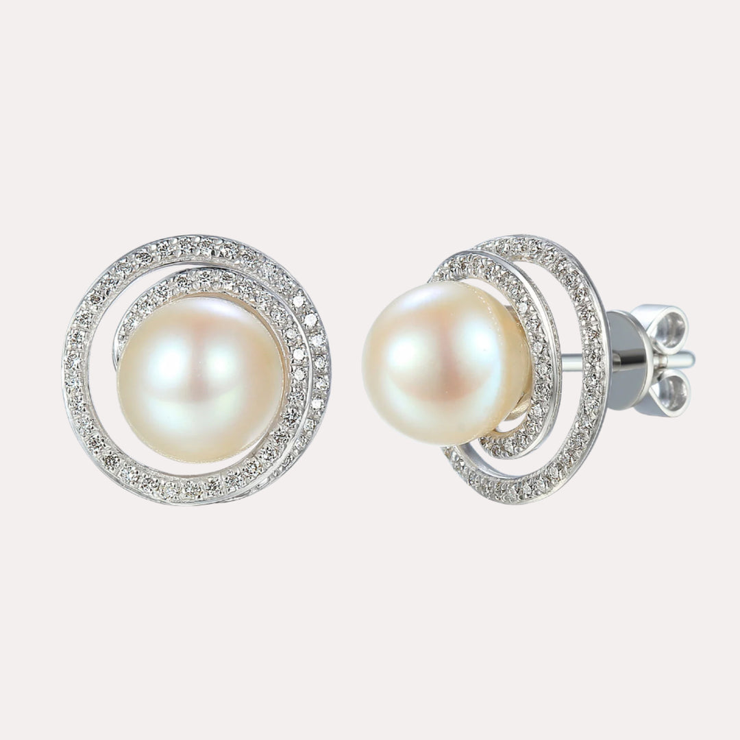 Round Pearl Pavé Swirl Halo Earrings In 18K Gold