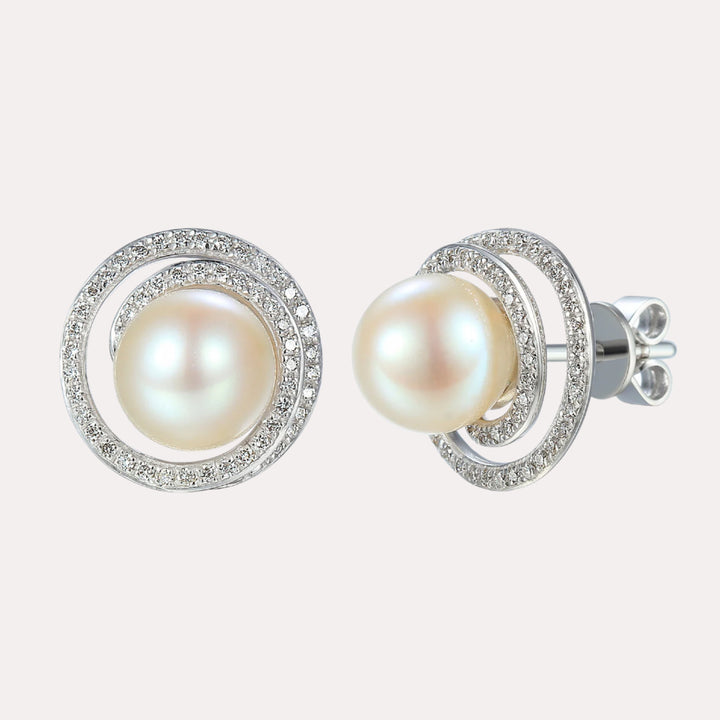 Round Pearl Pavé Swirl Halo Earrings In 18K Gold