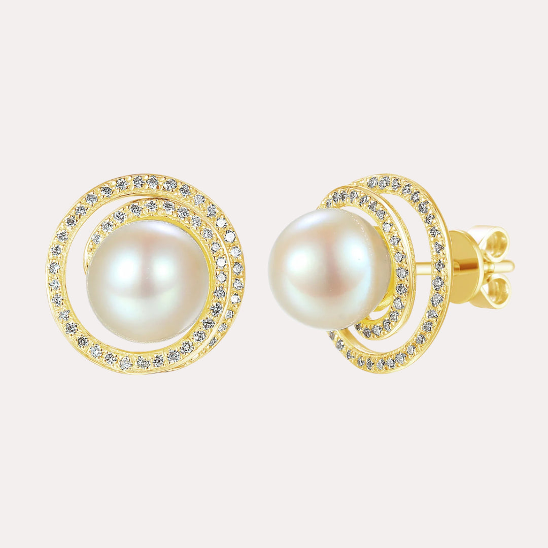 Round Pearl Pavé Swirl Halo Earrings In 18K Gold